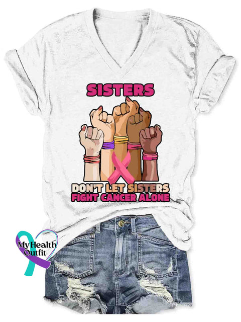 Women’s Sisters Fight Breast Cancer Awareness Art V-neck Casual T-Shirt White / S