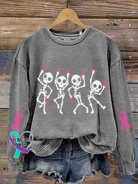 Women’s Skull Ribbon Breast Cancer Awareness Printed Sweatshirt Grey / S