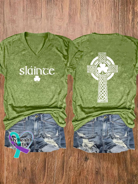 Women’s Slaince Print V-Neck Casual T-Shirt Green / S