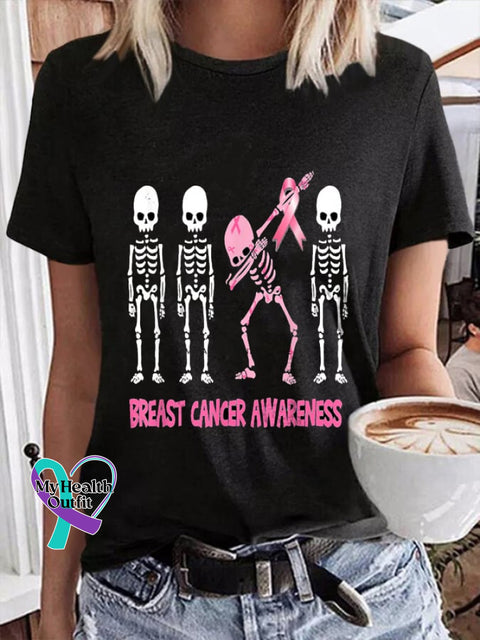 Women’s Smear Skull Pink Ribbon Breast Cancer Halloween Print T-Shirt Black / S