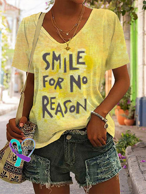 Women’s Smile For No Reason Printed V-Neck T-Shirt Yellow / S
