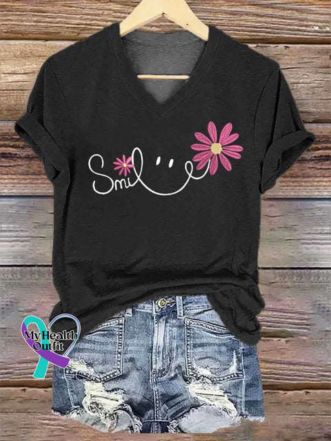 Women’s Smile V-neck Casual T-Shirt Black / S