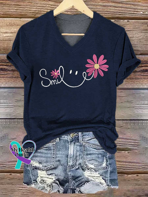 Women’s Smile V-neck Casual T-Shirt Blue / S