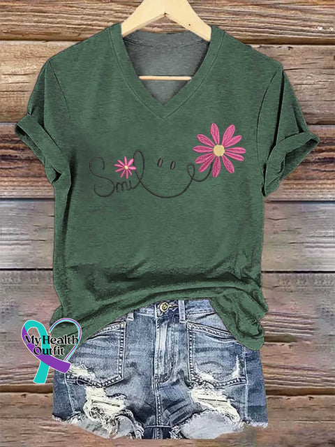 Women’s Smile V-neck Casual T-Shirt Green / S