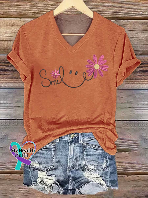 Women’s Smile V-neck Casual T-Shirt Orange / S