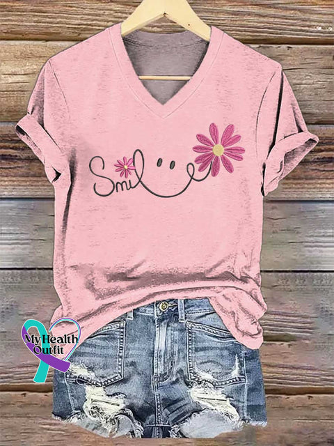 Women’s Smile V-neck Casual T-Shirt Pink / S