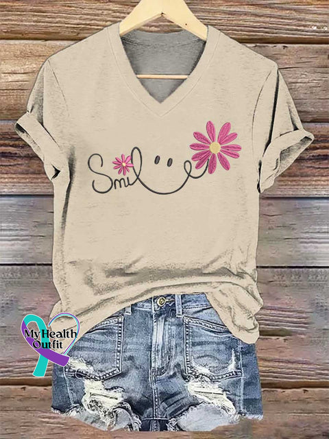 Women’s Smile V-neck Casual T-Shirt Sand / S