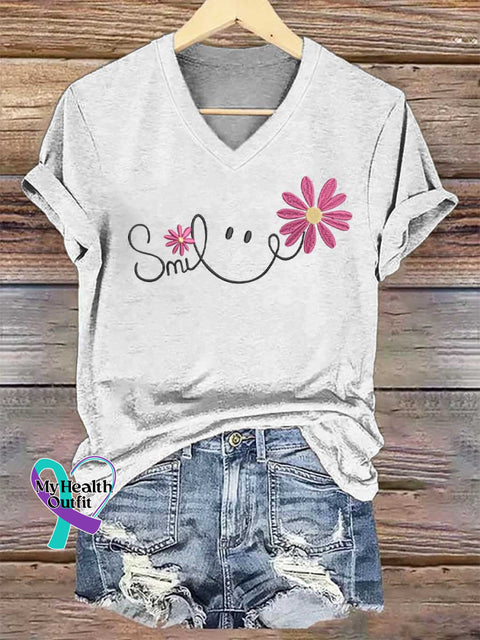 Women’s Smile V-neck Casual T-Shirt White / S