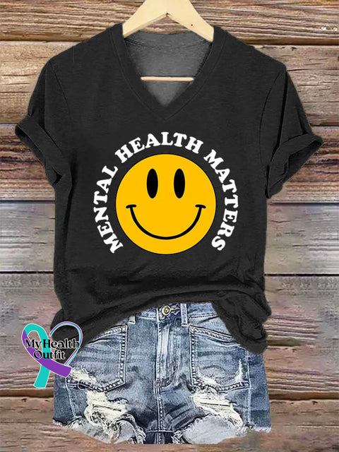 Women’s Smiley Face Mental Health Awareness V-neck Casual T-Shirt Black / S