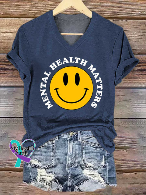 Women’s Smiley Face Mental Health Awareness V-neck Casual T-Shirt Blue / S