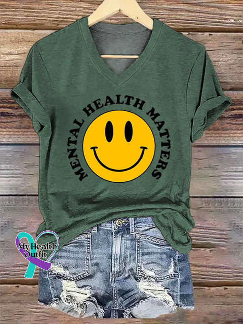Women’s Smiley Face Mental Health Awareness V-neck Casual T-Shirt Green / S