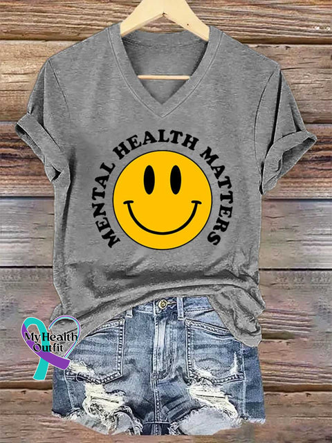 Women’s Smiley Face Mental Health Awareness V-neck Casual T-Shirt Grey / S