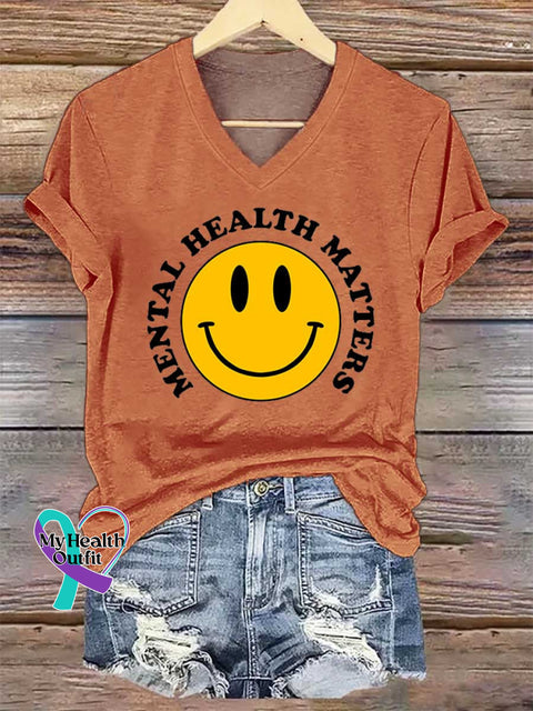Women’s Smiley Face Mental Health Awareness V-neck Casual T-Shirt Orange / S