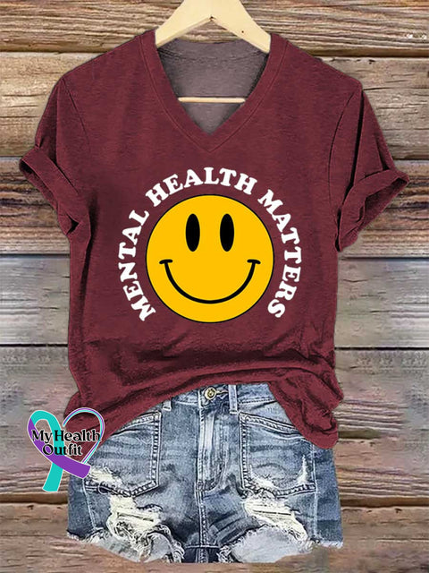 Women’s Smiley Face Mental Health Awareness V-neck Casual T-Shirt Red / S