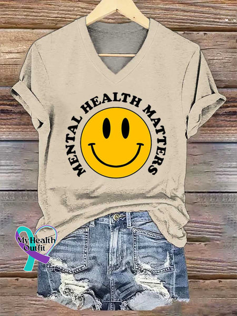Women’s Smiley Face Mental Health Awareness V-neck Casual T-Shirt Sand / S