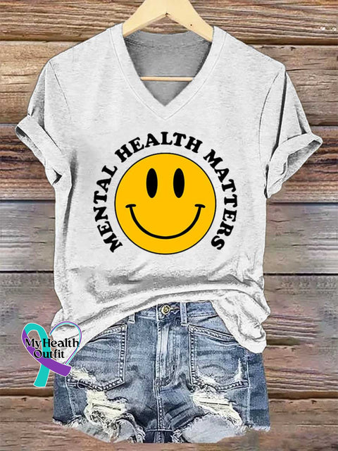 Women’s Smiley Face Mental Health Awareness V-neck Casual T-Shirt White / S