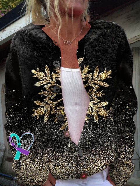 Women’s Snowflake Art Print Button Cardigan Sweater Multicolor / S