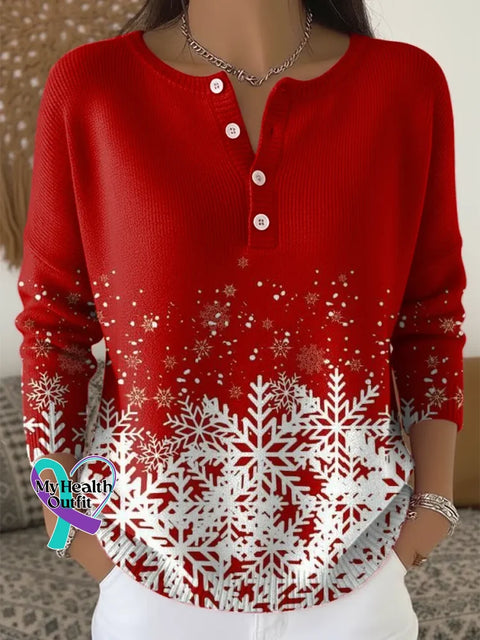 Women’s Snowflake Pattern Art Print Casual Cardigan Sweater Red / S