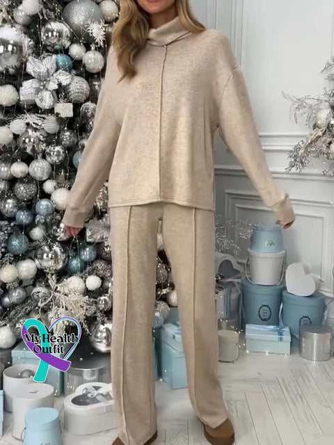 Women’s Solid Color Casual Knitted Suit High Collar Long Sleeve Top And Trousers Khaki / S