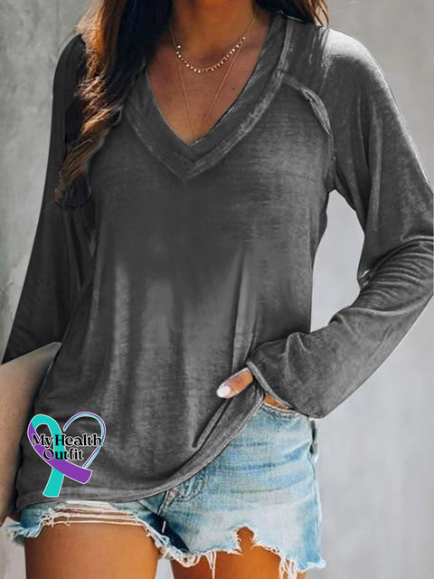 Women’s Solid Color Patterned Art Print V-Neck Long Sleeve Top Darkgray / S