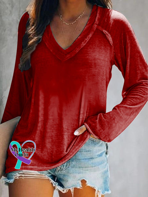Women’s Solid Color Patterned Art Print V-Neck Long Sleeve Top Red / S