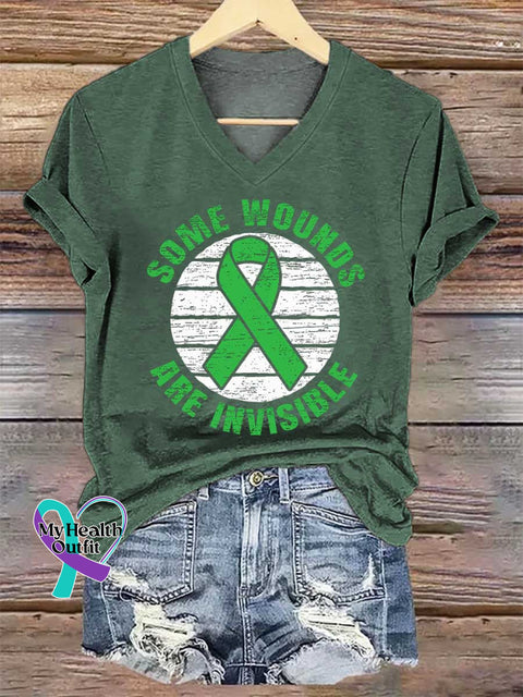 Women’s SOME WOUNDS ARE INVISIBLE V-neck Casual T-Shirt Green / S