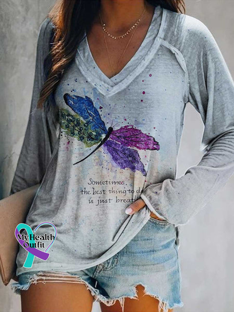 Women’s Sometimes The Best Thing To Do Is Just Breathe. Dragonfly Print Casual V Neck Long Sleeve Tops Multicolor / S