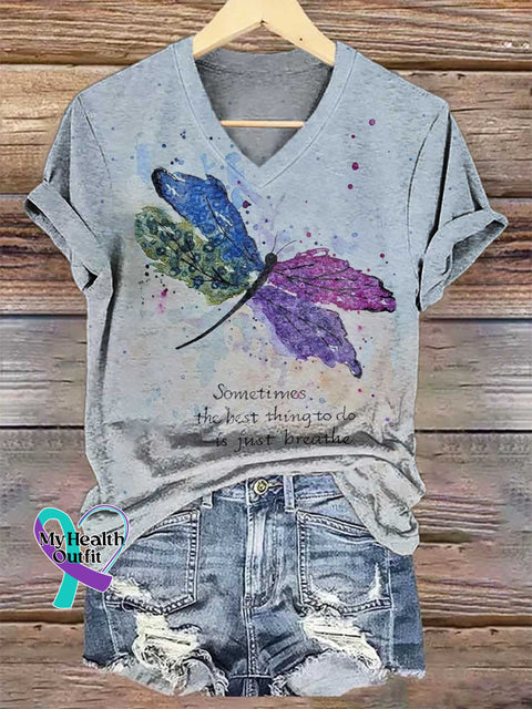 Women’s Sometimes The Best Thing To Do Is Just Breathe.dragonfly V-neck Casual T-Shirt Multicolor / S