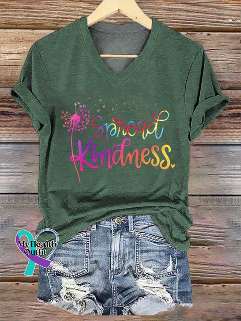 Women’s Spread Kindness. Dandelion V-neck Casual T-Shirt Green / S