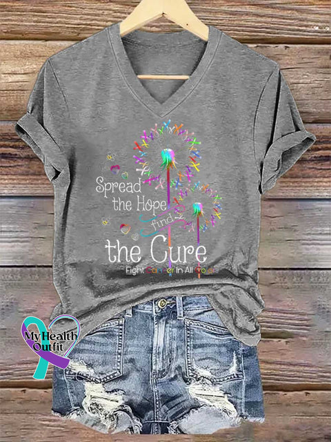 Women’s Spread The Hope Find The Cure Fight Cancer In All Colors V-neck Casual T-Shirt Grey / S