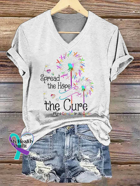 Women’s Spread The Hope Find The Cure Fight Cancer In All Colors V-neck Casual T-Shirt White / S