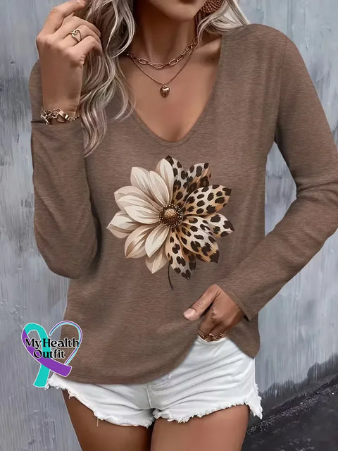 Women’s Spring/Fall Brown Floral Print Casual V-neck Long Sleeve T-shirt Brown / S