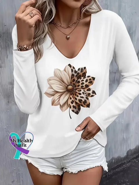 Women’s Spring/Fall Brown Floral Print Casual V-neck Long Sleeve T-shirt White / S