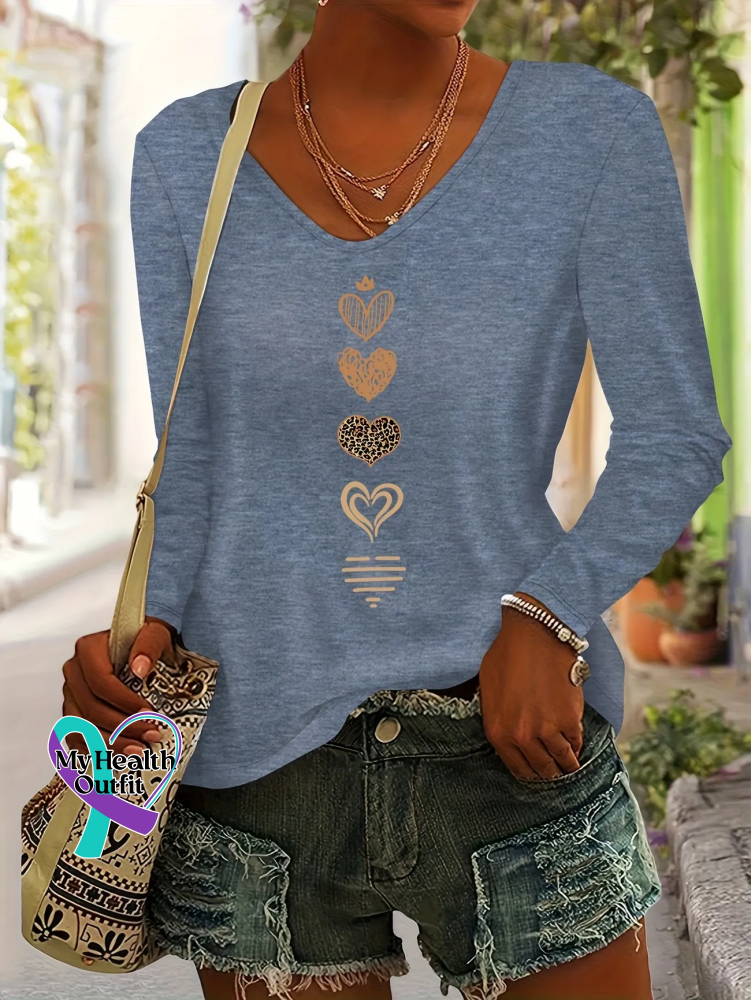 Women’s Spring/Fall Heart Print Casual V-neck Long Sleeve T-shirt Blue / S