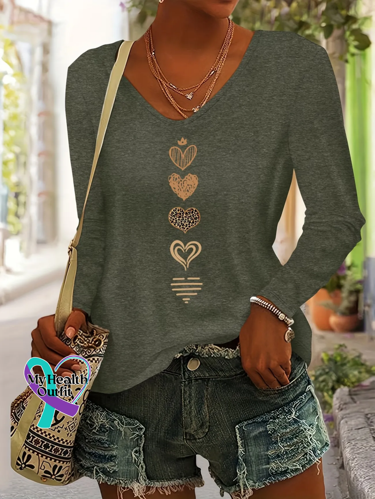 Women’s Spring/Fall Heart Print Casual V-neck Long Sleeve T-shirt Green / S