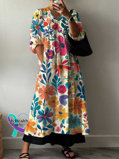 Women’s Spring Floral Pattern Print Pocket V-neck Cotton Dress Multicolor / S