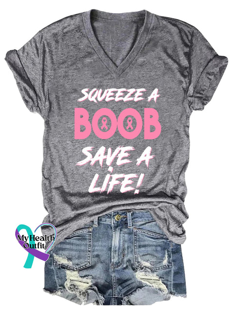 Women’s SQUEEZE A BOOB SAVE A LIFE! Breast Cancer Awareness V neck Casual T Shirt Grey / S