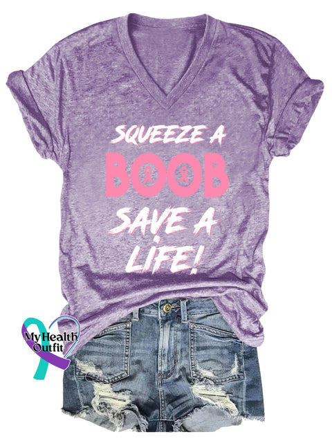 Women’s SQUEEZE A BOOB SAVE A LIFE! Breast Cancer Awareness V neck Casual T Shirt Purple / S