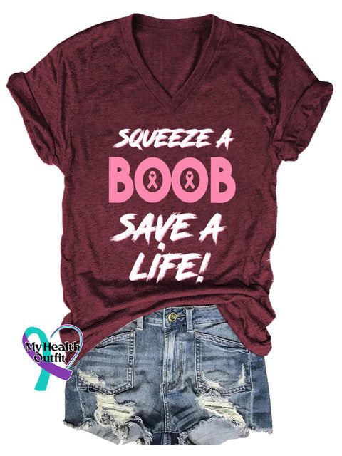 Women’s SQUEEZE A BOOB SAVE A LIFE! Breast Cancer Awareness V neck Casual T Shirt Red / S
