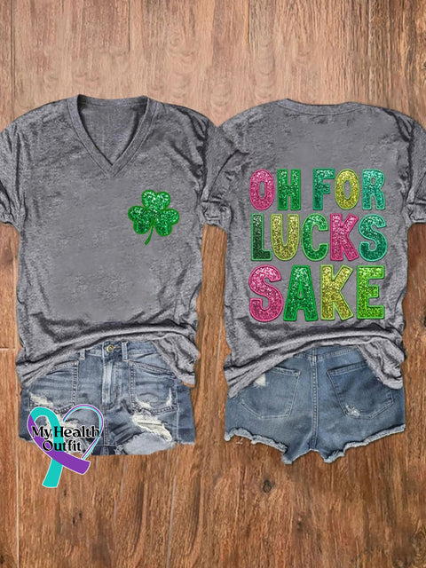 Women’s St. Patrick’s Funny Oh For Lucks Sake Clover Printed V-Neck T-Shirt Light Grey / S