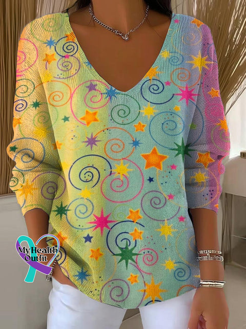 Women’s Stars Gradient Pattern Art Print Casual Pullover Sweater Multicolor / S