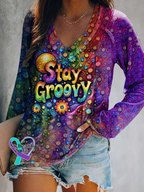 Women’s Stay Groovy Floral Print Casual V Neck Long Sleeve Tops Multicolor / S