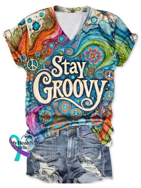 Women’s Stay GROOVY Peace Sign V-neck Casual T-Shirt Multicolor / S