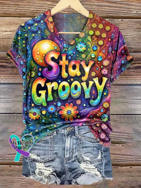 Women’s Stay Groovy V-neck Casual T-Shirt Multicolor / S
