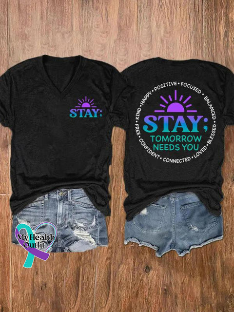 Women’s Stay Suicide Prevention Awareness V-Neck Casual T-Shirt Black / S