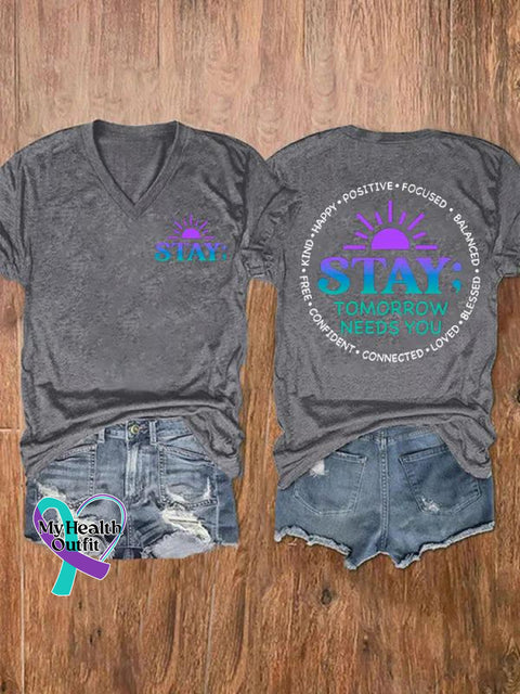 Women’s Stay Suicide Prevention Awareness V-Neck Casual T-Shirt Grey / S