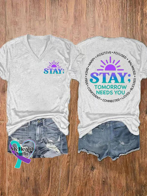 Women’s Stay Suicide Prevention Awareness V-Neck Casual T-Shirt White / S