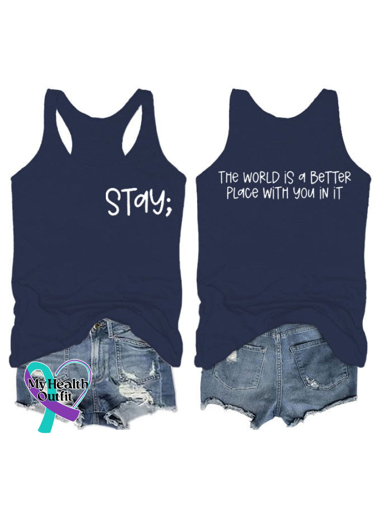 Women’s Stay The World Is Better With You In It Suicide Awareness Print Vest Navy / S