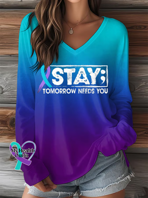 Women’s STAY; TOMORROW NEEDS YOU Suicide Prevention Awareness Print Casual V-neck Long Sleeve T-shirt Multicolor / S