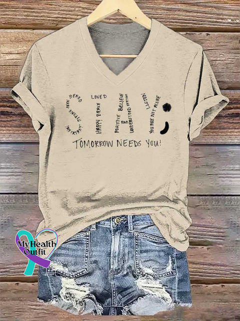 Women’s STAY TOMORROW NEEDS YOU V-neck Casual T-Shirt Sand / S